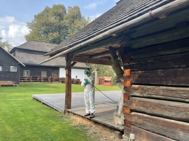 Roubená stěna nese stopy činnosti tesaříka krovového