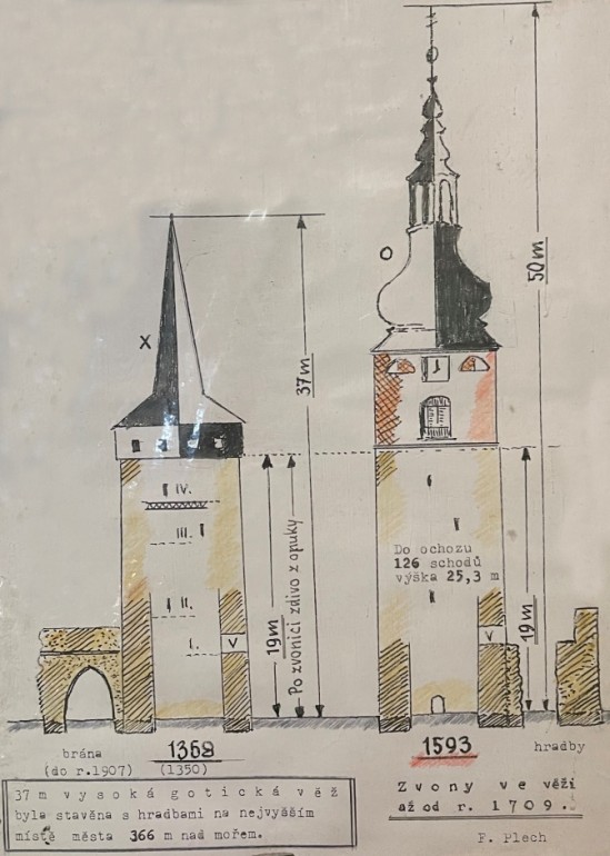 Podoba původní gotické věže a její renesanční přestavba.
